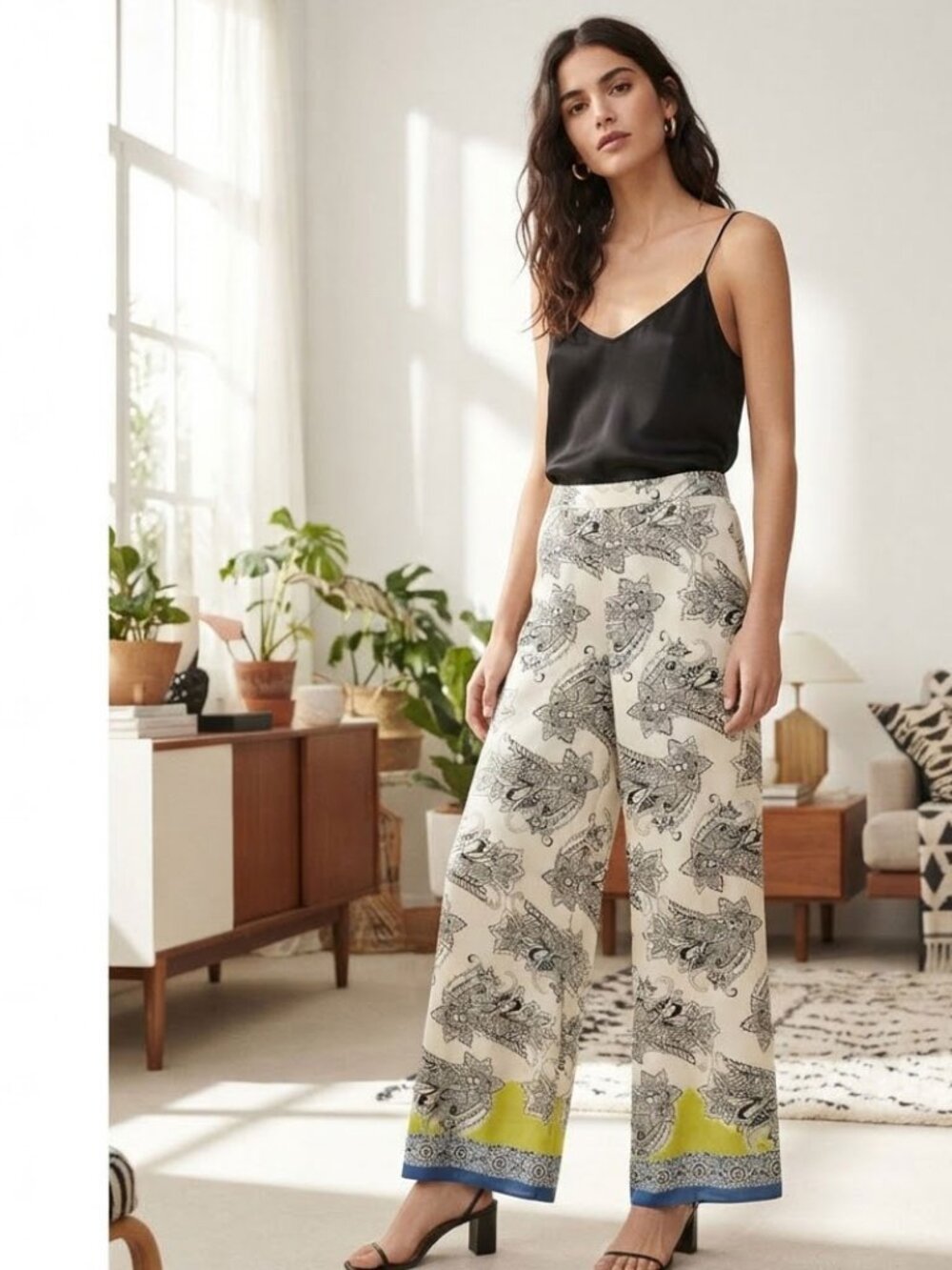 Zara Floral Printed Wide Leg Paisley Floral Print Multi Silky Pants